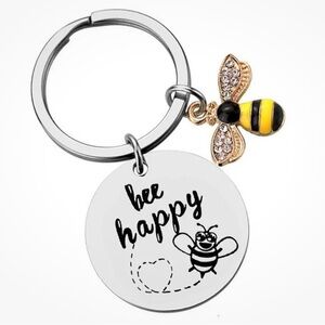 Bumble Bee Happy Metal Charm Keychain Black Yellow Insect Organza Gift Bag New